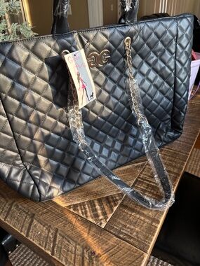 Quilted Tote Bag with Chain Handles - Black